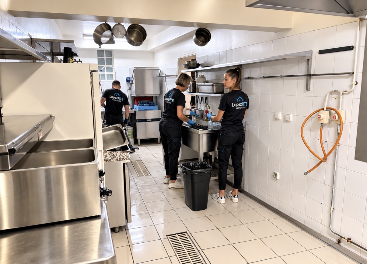 Équipe LOPEZRTB en intervention de nettoyage dans une cuisine de restaurant